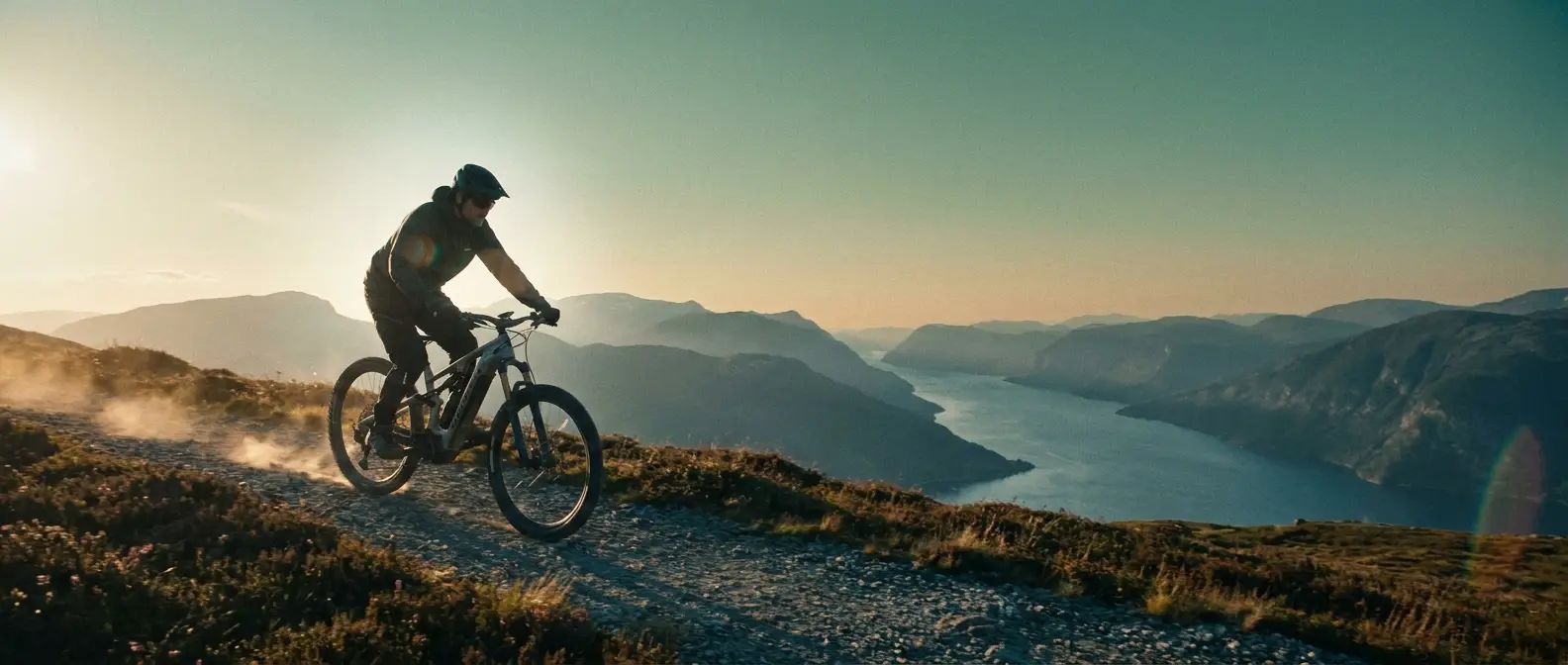 Ein E-Bike-Fahrer auf einer Schotterstraße über einem norwegischen Fjord