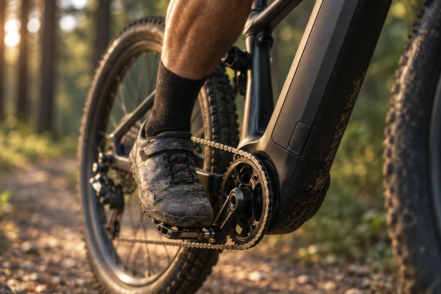 Ein Radfahrer tritt auf das Pedal eines E-Bikes